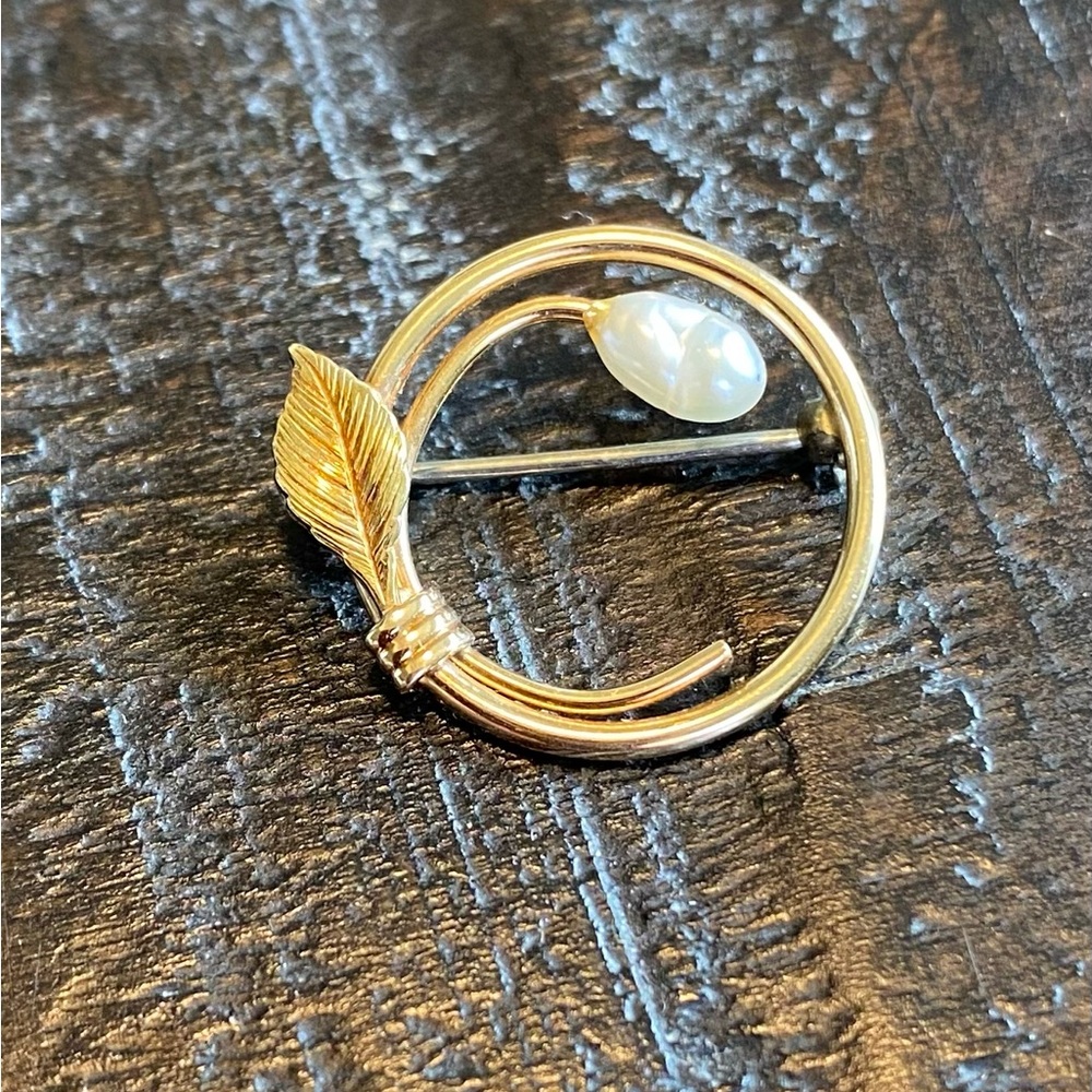 Vintage Krementz 14k gold overlay leaf and cultured pearl brooch.